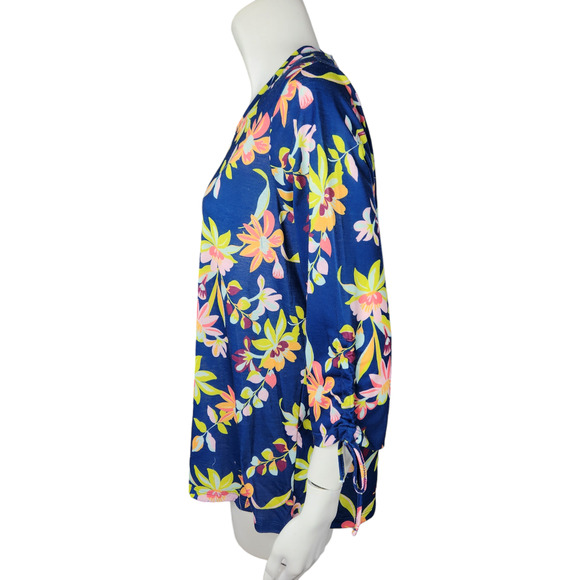 Caribbean Joe Women's Large Blue Floral Blouse 3/4 Sleeves Tie Detail NWT Cruise - Picture 6 of 15